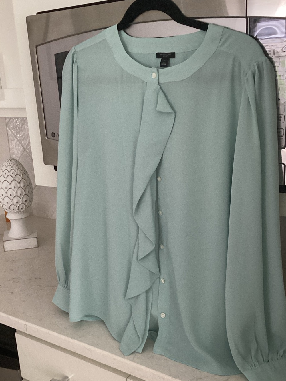 Ann Taylor LP Mint Green Ruffle Front Blouse